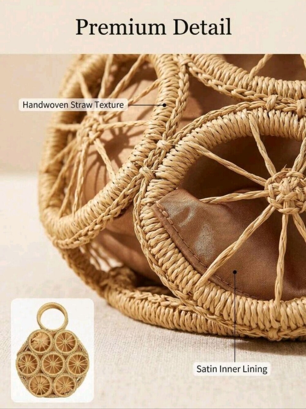 Woven Circle Tote Bag - Natural Beige - Picture 5 of 8
